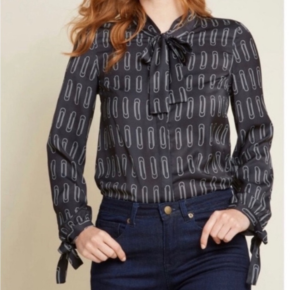 Modcloth Tie Neck Blouse Large Paperclips Black Cream Positive Professionalism